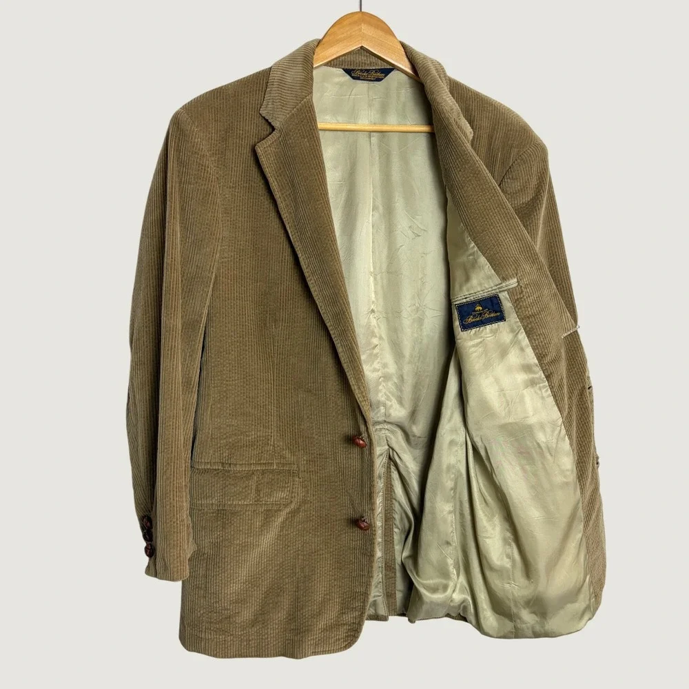 Brooks Brothers Men Vintage Tan Corduroy Blazer Sport Coat Woven Buttons 39R USA